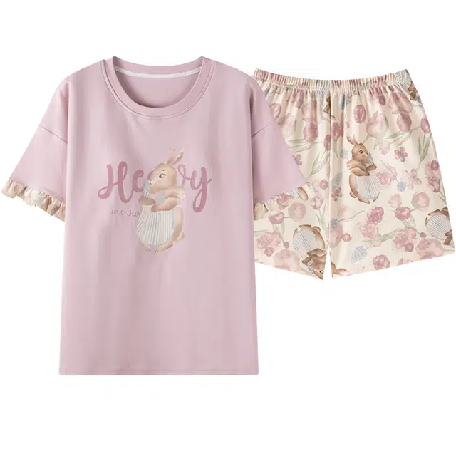 俏佳人 家居服纯棉套头舒适透气慵懒休闲可外穿圆领短袖睡衣套装 女款