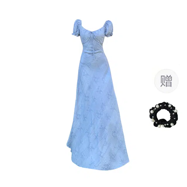 雾闪闪 大码法式提花设计感收腰长裙温柔风显瘦泡泡短袖连衣裙 女款