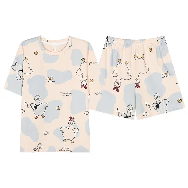 俏佳人 圆领带胸垫舒适透气慵懒休闲可外穿圆领短袖短裤家居服睡衣套装 女款