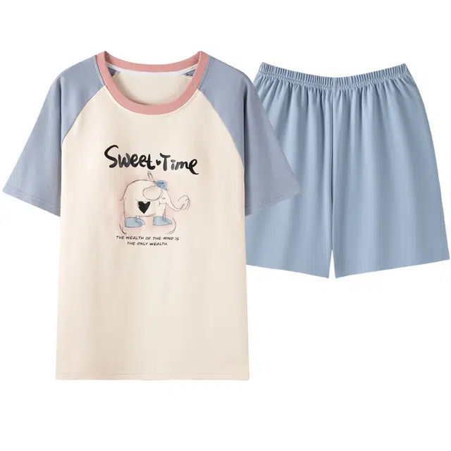 俏佳人 可外穿纯棉套头舒适透气慵懒休闲圆领短袖家居服睡衣套装 女款