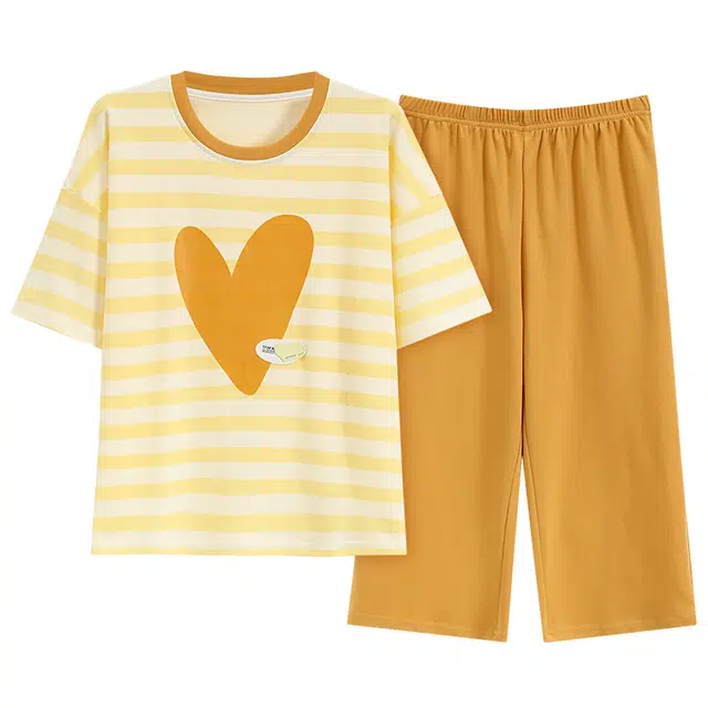 睦隆世家 纯棉短袖条纹简约舒适家居服可外穿睡衣套装 女款