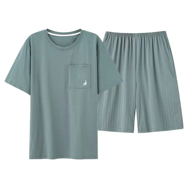 俏霓桐 夏季薄款时尚简约小清新休闲百搭舒适棉透气亲肤家居服可外穿睡衣套装 男款