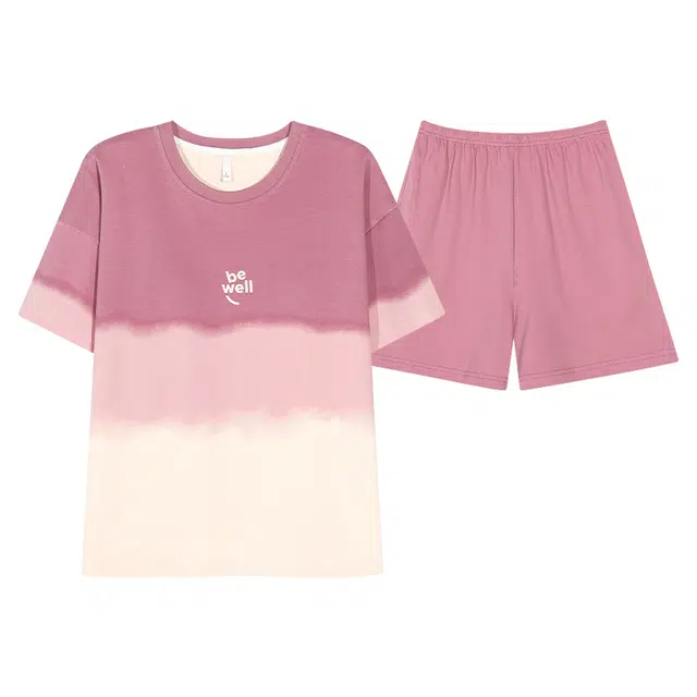 俏佳人 纯棉带胸垫圆领套头舒适透气慵懒休闲可外穿短袖短裤家居服睡衣套装 女款