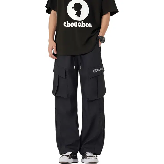 周同学 美式高街简约反光字母印花复古机能撞色条纹户外山系百搭阔腿垂感直筒高腰宽松大口袋弯刀拖地伞兵休闲工装裤 男女同款