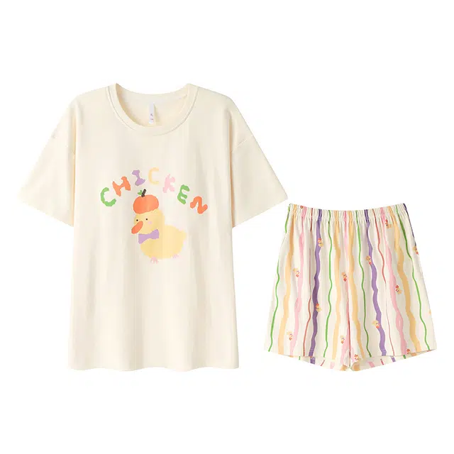 向薇 薄款短袖免穿文胸卡通风带胸可外穿家居服睡衣套装 女款