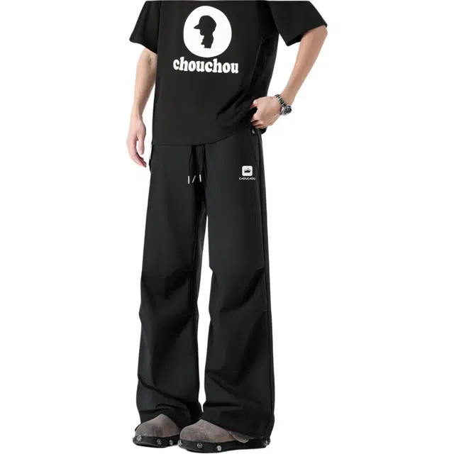 周同学 基础款简约复古纯色高街机能百搭阔腿垂感直筒高腰宽松拖地伞兵休闲裤 男女同款