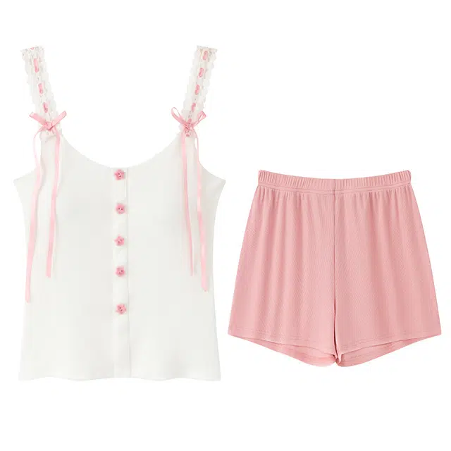 俏霓桐 夏季薄款甜美简约休闲少女风蕾丝可爱带胸垫无袖家居服可外穿睡衣套装 女款