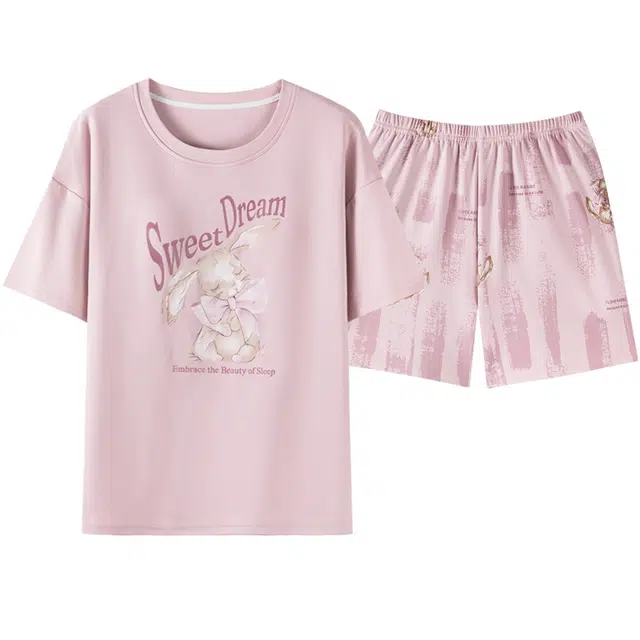 俏佳人 纯棉套头舒适透气慵懒可外穿休闲圆领短袖家居服睡衣套装 女款