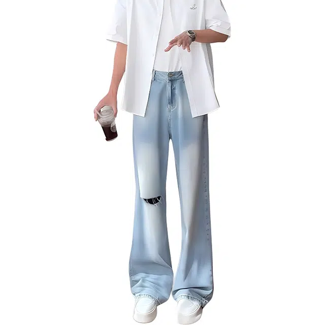 单爵 破洞裤子高个子加长美式直筒宽松阔腿裤夏季薄款牛仔裤 男女同款