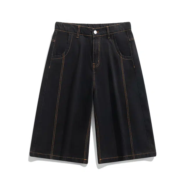 美式复古高街风七分宽松休闲百搭水洗拼接做旧牛仔短裤 男女同款
