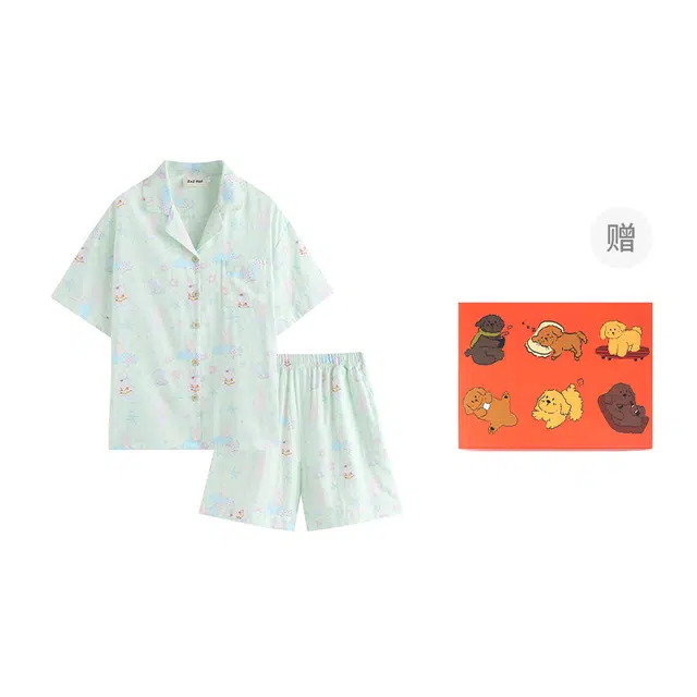 侘町 棉纱柔软透气亲肤清新可爱卡通睡衣礼盒 女款 浅绿色