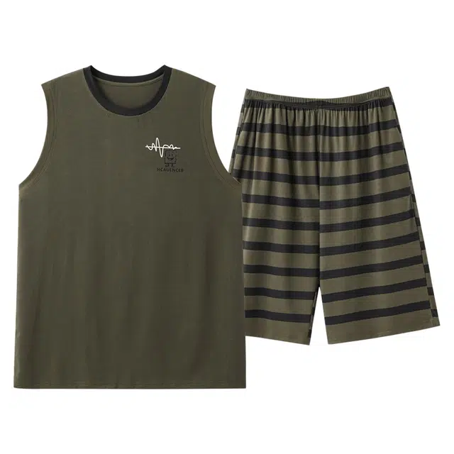 俏霓桐 凉感简约背心大码可外穿家居服睡衣套装 男款