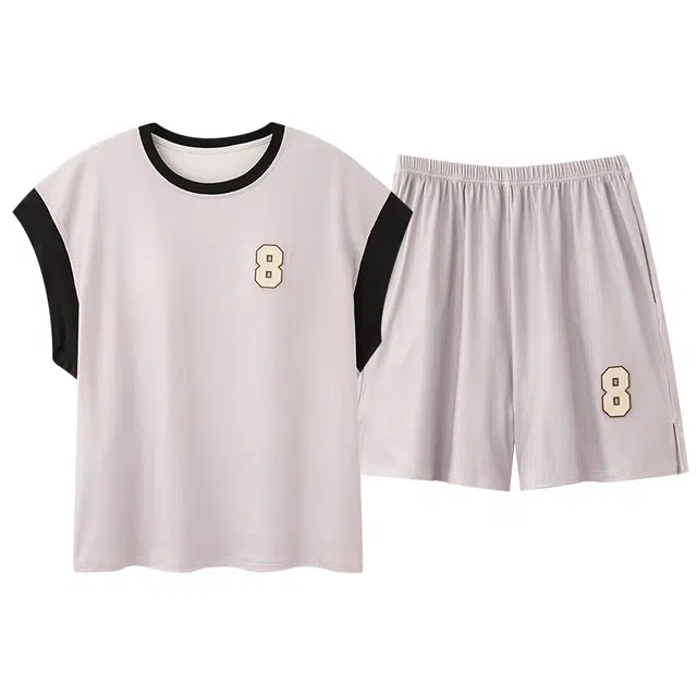 俏佳人 带胸垫休闲舒适运动风可外穿短袖透气家居服垂感睡衣套装 女款