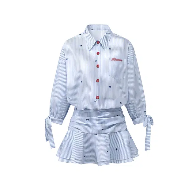 木清清 韩系学院风高级感条纹小个子穿搭收腰百褶长袖连衣裙 女款