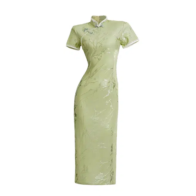 敲模女孩 新中式国风改良旗袍暗纹设计感收腰气质短袖连衣裙 女款