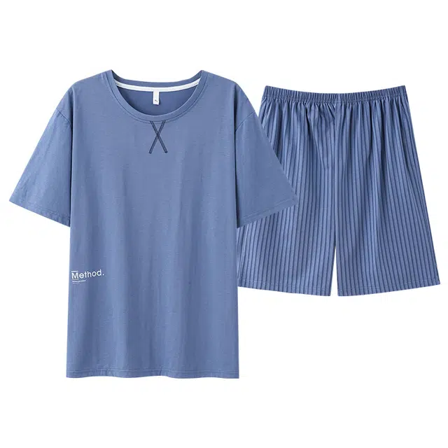 俏佳人 纯棉舒适透气纯色简约休闲可外穿慵懒短袖家居服睡衣套装 男款