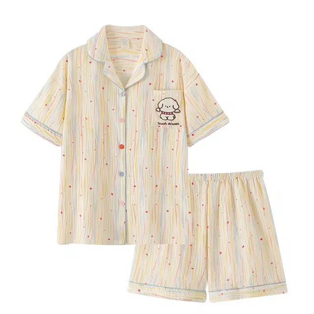 俏韵 多巴胺纯棉短袖条纹波点小狗刺绣翻领家居服短裤睡衣套装 女款