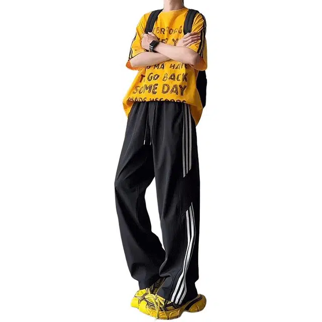 黑马漫画 黑色条纹速干裤夏季美式高街工装裤子直筒阔腿运动休闲裤 男女同款