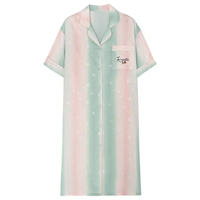 俏佳人 高级感凉感柔软亲肤透气丝滑翻领开衫短袖家居服睡裙 女款