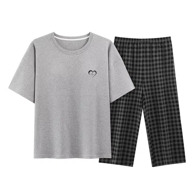 黛尔佳人 纯棉短袖七分裤带胸垫防走光抗菌柔软舒适睡衣套装 女款