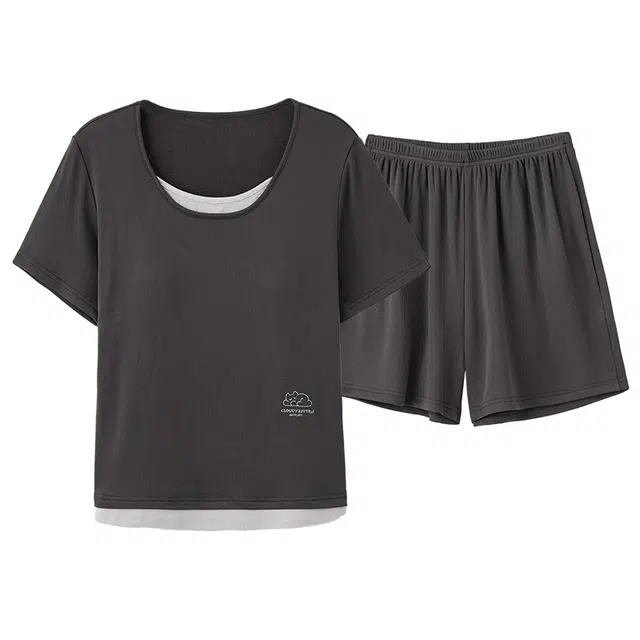 俏佳人 带胸垫垂感亲肤舒适简约套头休闲慵懒风可外穿透气短袖家居服睡衣套装 女款