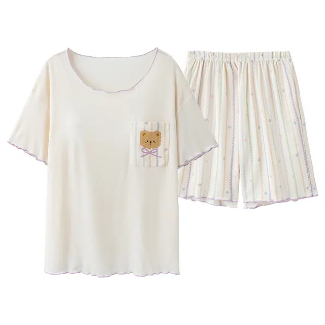 俏佳人 带胸垫舒适套头休闲慵懒风可外穿透气短袖家居服垂感亲肤睡衣套装 女款