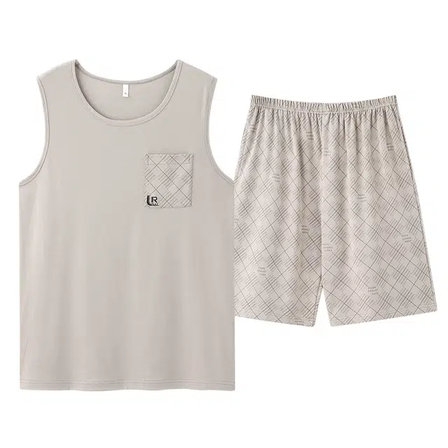 俏佳人 纯棉舒适透气简约套头可外穿休闲慵懒风背心家居服睡衣套装 男款