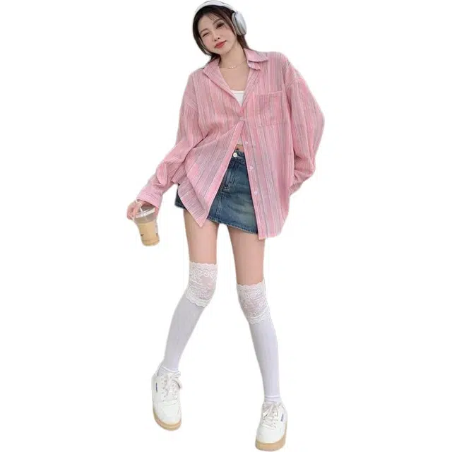 水中花 条纹舒适长袖休闲慵懒衬衫 女款