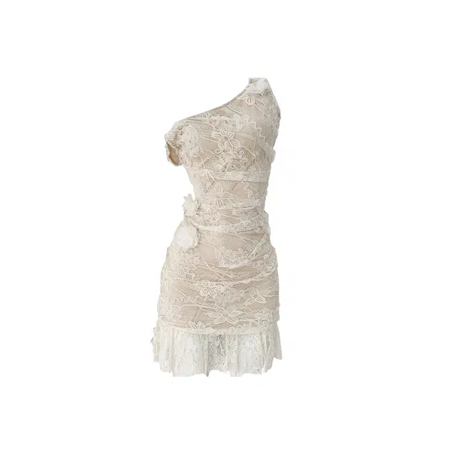 敲模女孩 法式纯欲辣妹风斜肩蕾丝精致气质性感包臀无袖连衣裙 女款