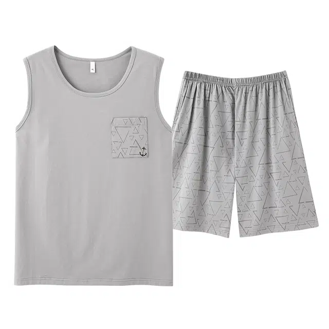 俏佳人 纯棉舒适透气休闲慵懒风简约套头可外穿背心家居服睡衣套装 男款