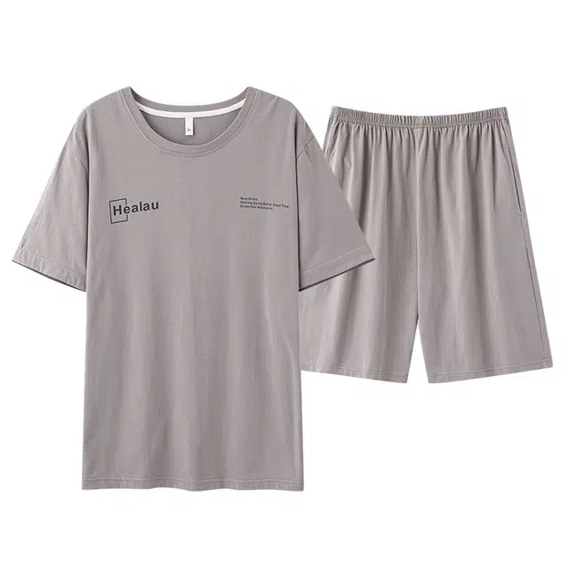 俏佳人 纯色简约休闲纯棉舒适透气慵懒短袖可外穿家居服睡衣套装 男款