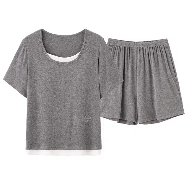 俏佳人 带胸垫舒适简约垂感亲肤套头休闲慵懒风可外穿透气短袖家居服睡衣套装 女款