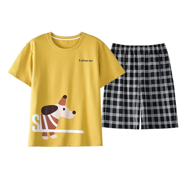 俏霓桐 薄款时尚可爱卡通简约格纹舒适棉柔软透气家居服可外穿睡衣套装 男款