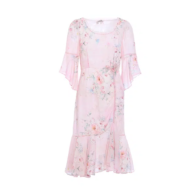 粉红玛琍 印花鱼尾裙荷叶袖圆领通勤短袖连衣裙 女款