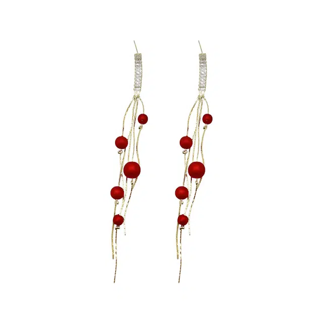 双生恋 长款流苏线条红色珠珠小众设计感百搭时尚精致日常通勤约会轻奢高级感 铜 耳环 女款
