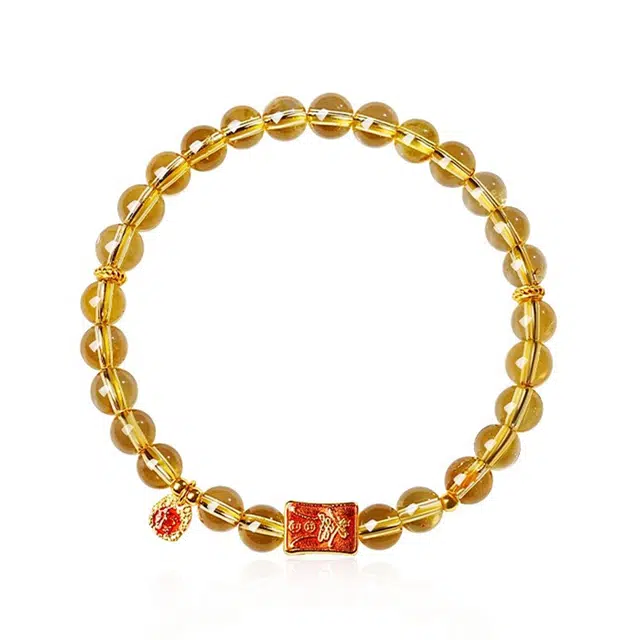 谧月珠宝 新中式前程似锦招财福圆珠时尚简约百搭文艺中国风财源广进八方来财高级优雅大方好运天然 黄水晶 手串 男女同款情侣款