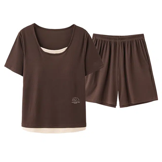 俏佳人 带胸垫垂感亲肤套头舒适简约休闲慵懒风可外穿透气短袖家居服睡衣套装 女款