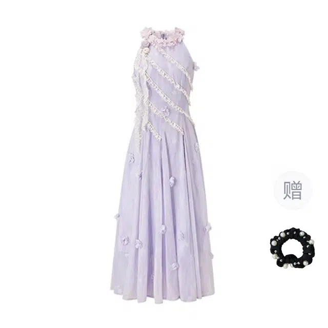 雾闪闪 法式复古立体花领蕾丝花边挂脖裙小众设计感修身显瘦气质无袖连衣裙 女款