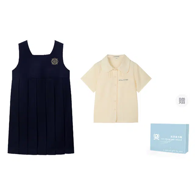 冰淇淋与鲸 原创正版日系学院风刺绣软妹护奶可爱娃娃领短袖衬衫高腰宽松背带裙套装制服 女款