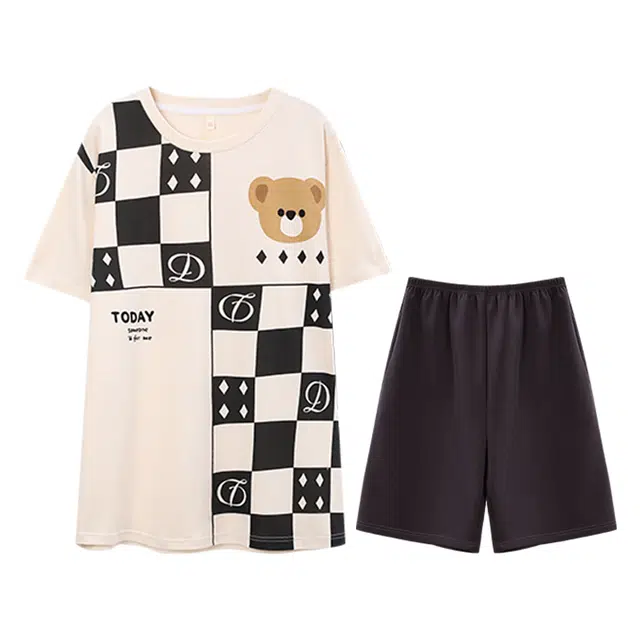 向薇 圆领套头短袖短裤格子印花家居服可外穿舒适透气睡衣套装 男款