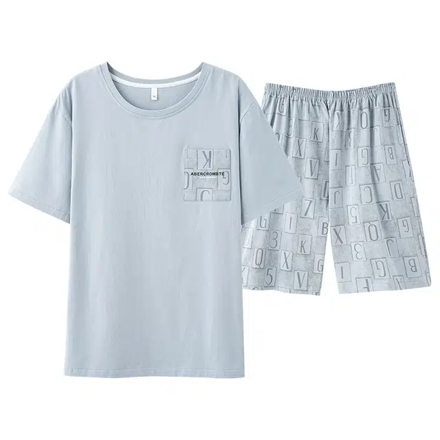 俏佳人 纯棉舒适透气可外穿纯色简约休闲慵懒短袖家居服睡衣套装 男款