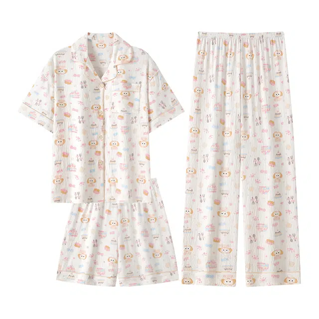 莫代尔 韩版个性时尚百搭翻领开衫舒适柔软亲肤细腻轻盈透气短袖长裤三件套家居服可外穿睡衣套装 女款