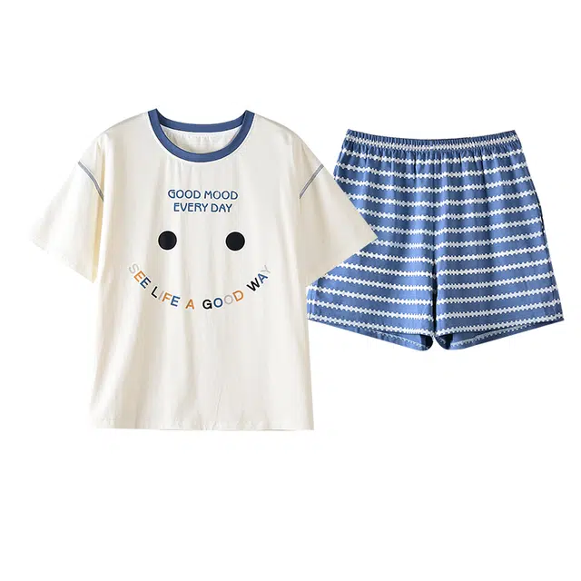 俏霓桐 薄款时尚简约可爱卡通笑脸休闲舒适棉透气亲肤家居服可外穿睡衣套装 女款