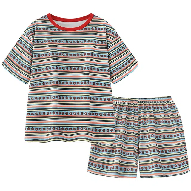 俏霓桐 条纹带胸垫短袖短裤时髦可外穿家居服睡衣套装 女款