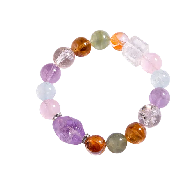 迈奇的礼物 好运自然紫黄白晶海蓝葡萄石胶花晶天然 多色水晶 手串 女款
