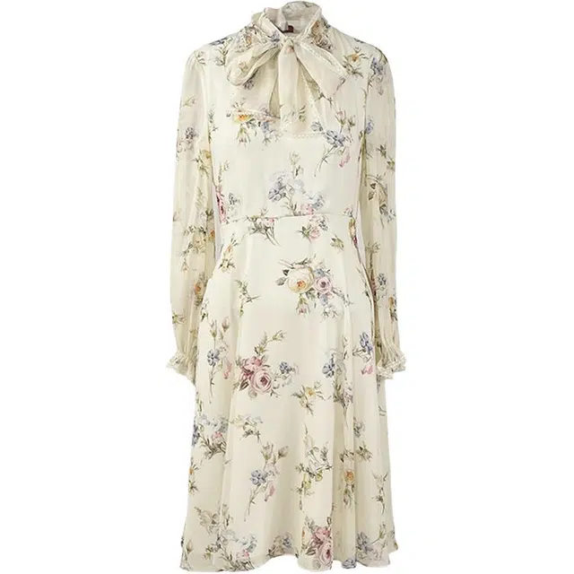 粉红玛琍 气质印花长裙纯色通勤高腰长袖连衣裙 女款