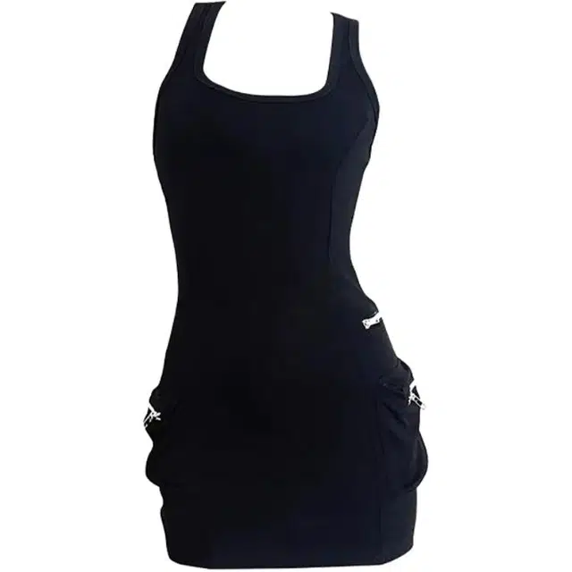 思蓓儿 美式辣妹拉链口袋收腰背心包臀无袖连衣裙 女款 黑色