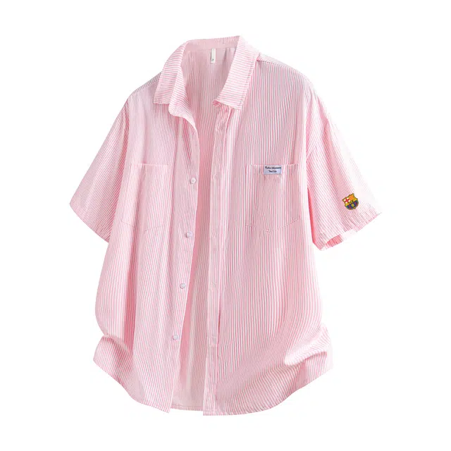 巴塞罗那足球俱乐部 日系竖条纹宽松舒适百搭休闲透气简约短袖衬衫 男女同款