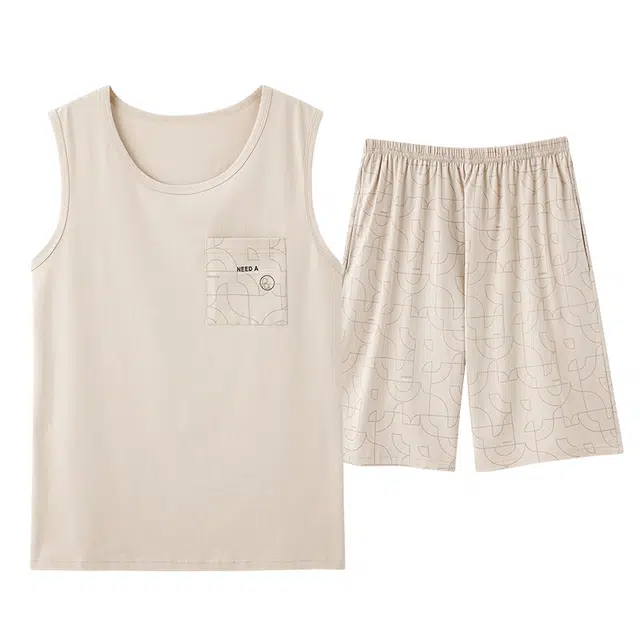 俏佳人 背心纯棉舒适透气简约套头休闲慵懒风可外穿家居服睡衣套装 男款