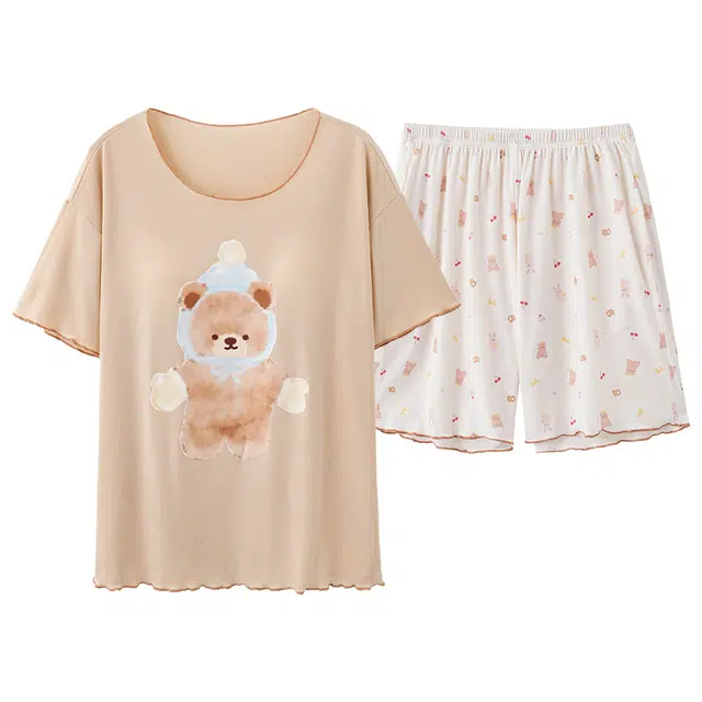 俏佳人 舒适套头休闲带胸垫垂感亲肤慵懒风可外穿透气短袖家居服睡衣套装 女款